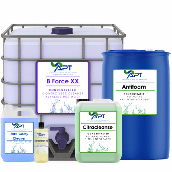 APT industrial cleaning products including B Force XX, Antifoam, Citracleanse, and 2001 Safety Cleaner